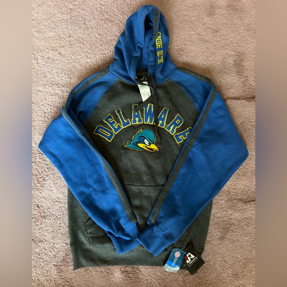 J. America Delaware Blue Hens Hoodie Mens Small Grey Blue Raglan Sweatshirt NWT